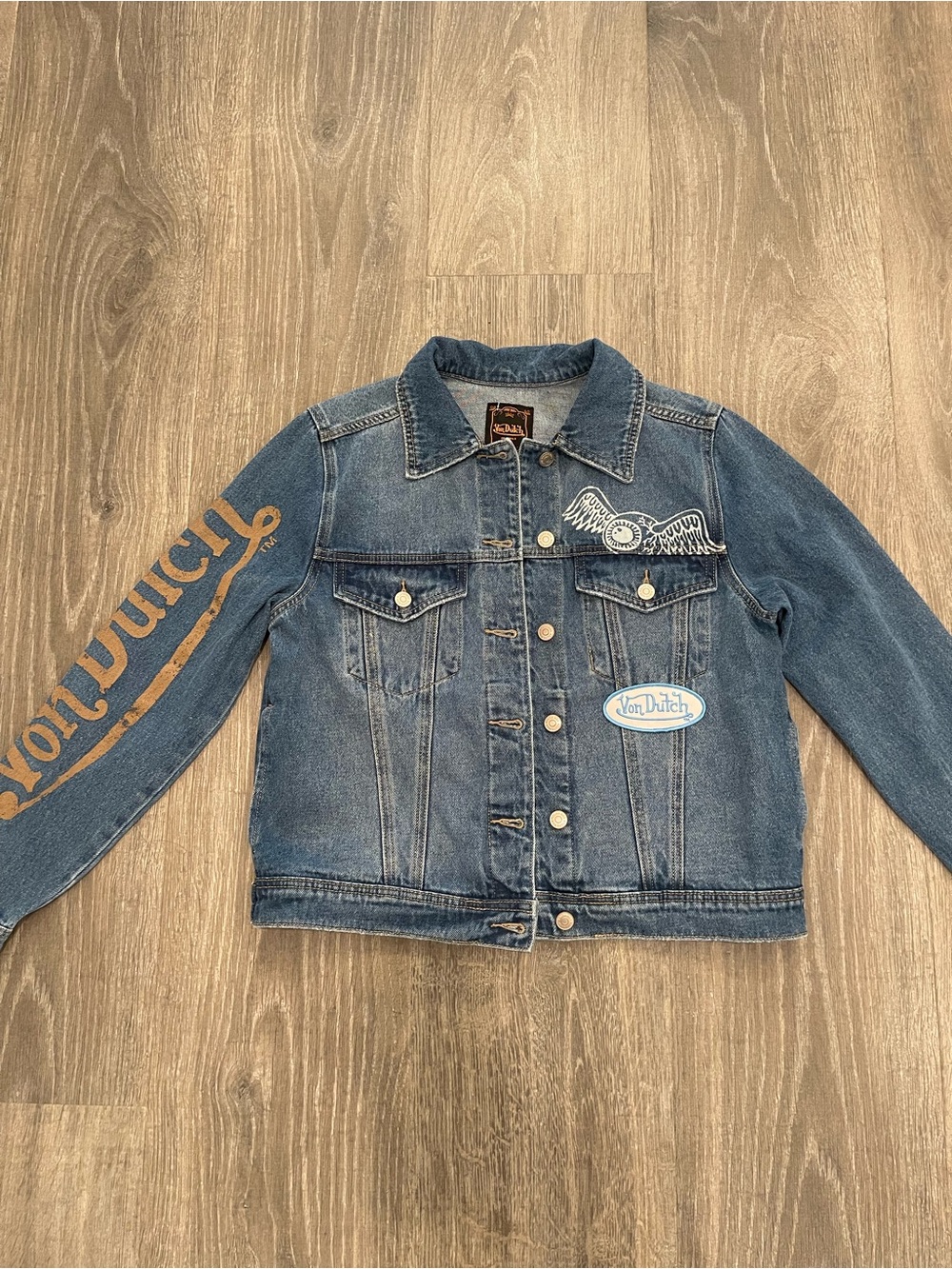 Von Dutch Blue Denim Jacket with Logo Sleeve and Wing Patch Size S, NWOT